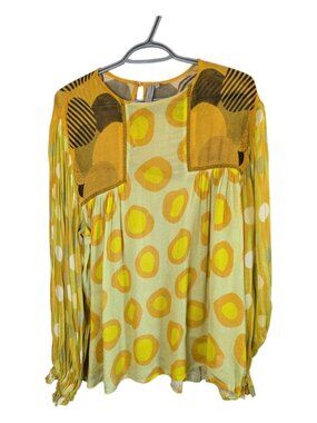 Bl^nk London Anthropologie "Miranda" Peasant Blouse Yellow Abstract Artsy Sz XL